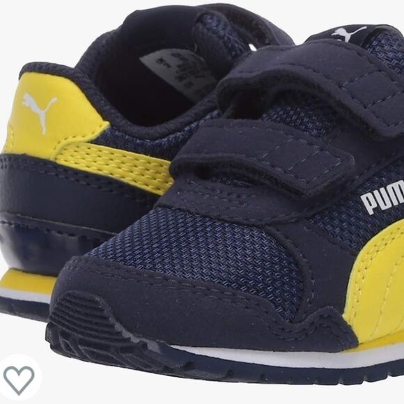 Puma Baby Street Runner V2 Mesh Hook and Loop Navy and Yellow Stripe Sneakers 4 - Picture 2 of 11